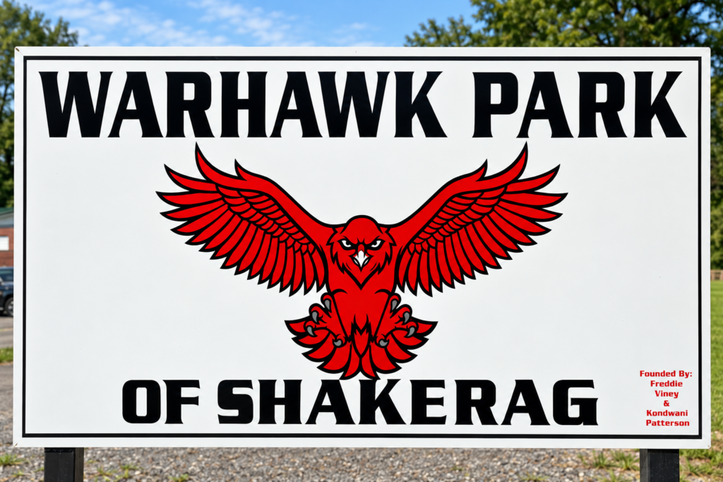 Warhawk Park of Shakerag sign with red hawk artwork